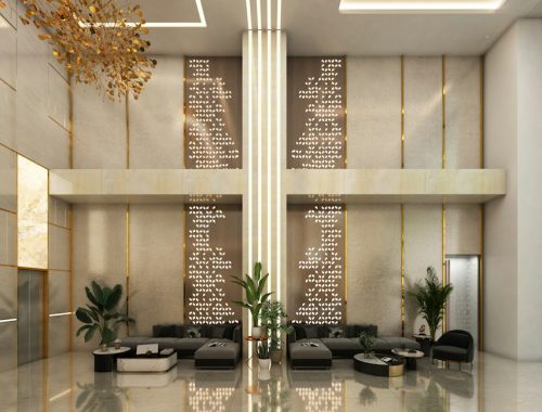 Photo tiered cabinet lighting hotel lobby space-saving