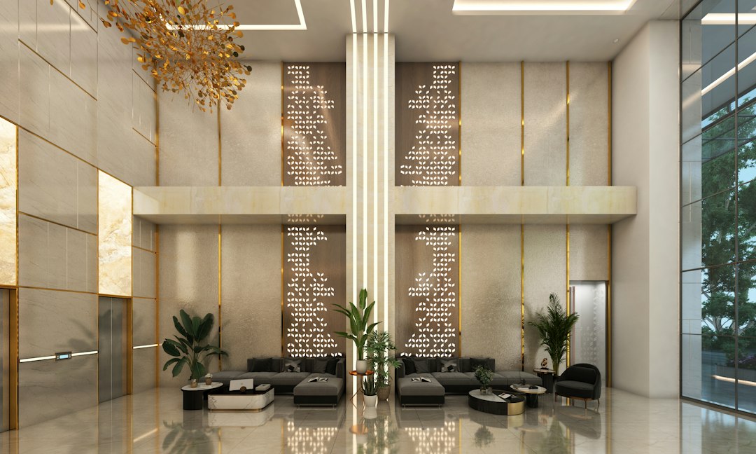 Photo tiered cabinet lighting hotel lobby space-saving